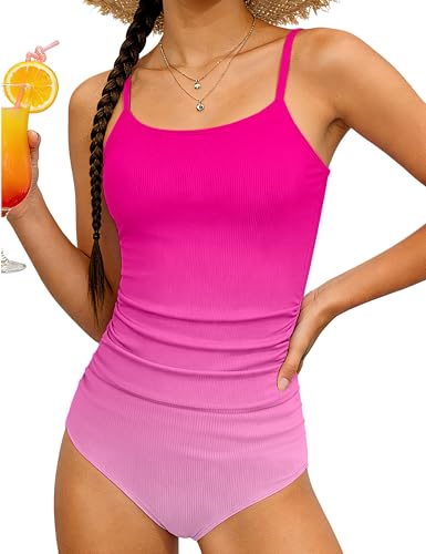 Image of AGAPENG Girls Swimsuit One Piece Ruched Solid Color Bathing Suit for Girls Ribbed Adjustable Straps Pad Swimwear 9-16Y