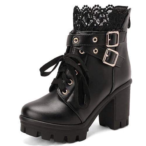 Image of MEOTINA Women Goth Boots Platform Chunky Heel Buckle Combat Ankle Booties | Edgy alt goth punk rave aesthetic for dress styling, rivets, lace up ,zip and lug sole design, black and white colors