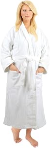ForPro Luxury Velour Bath Robe, 100% Cotton, Ultra Plush Velour Bathrobe with Textured Woven Stripes, White, Large