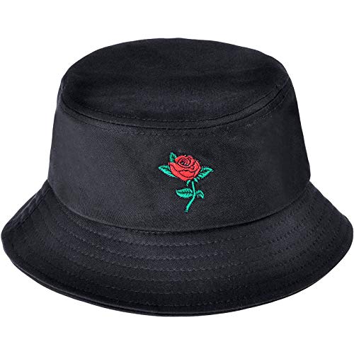 Malaxlx Cute Rose Flower Embroidered Black Bucket Hat Beach Sun Hat Aesthetic Fishing Hat for Women Men Teens