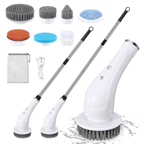zerotop 54" Electric Spin Scrubber, Cordless Power Cleaning Brush with 7 Replaceable Brush Head, 90min Work Time, 2 Adjustable Handle, 3 Speeds Power Scrubbers for Bathroom Kitchen Floor Wall (Black)