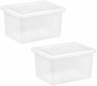 (Set of 2) 25L Litre Crystal Clear Transparent Plastic Large Storage Boxes With Lids Storage Containers Multipurpose Stackable Boxes For Bedroom Shoes Toys Garage Office Home Kitchen