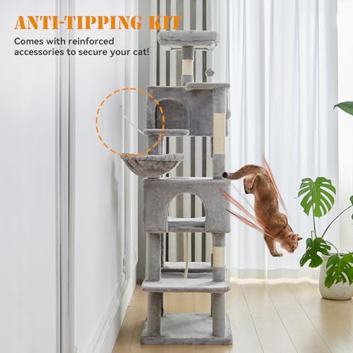 Image of Sweetcrispy 66 Inch Cat Tree Tower, Multi Level Cat Climbing Tower with Natural Sisal Scratching Posts, Hammock, Pet Condo for Indoor Cats and Kittens Play, Grey
