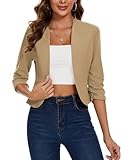 LADI TREND Khaki Cropped Blazers for Women Open Front 3/4 Ruched Sleeve Short Blazer Collarless Tailored Jacket Suits,S