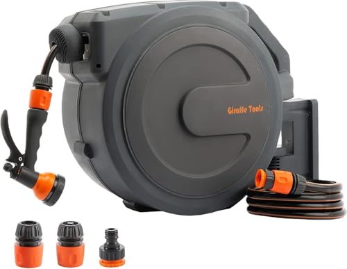 Giraffe Tools Retractable Garden Hose Reel 1/2 x 35m Wall Mounted Water Hose Reel Automatic Rewind Any Length Lock 7-Pattern Nozzle Dark Grey