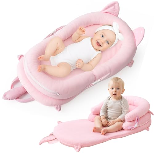 Image of Banakshol Baby Lounger, Tummy Time Mat & Seated Support Pillow, Baby Lounger for Newborn 0-24 Months, Breathable Portable Infant Lounger for Home Travel, with Detachable Support Pillow-Pink