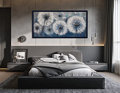 Image of Dandelion Wall Art Blue Large Picture for Living Room Canvas Art Wall Decor Above Bed White Flower Artwork for Walls Paintings Modern Art Aall Decor Framed Wall Art for Bedroom 29x58IN