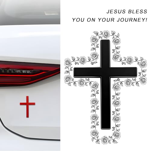 Image of 2PCS Metal Christian Cross Emblem Stickers, 2.5x1.8in 3D Jesus Christ Auto Emblem Badge Decal, Self-Adhesive Styling Cross Decal Decoration for Trunk Tailgate Side Fender (Black+Red)