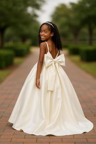 UZN Satin Flower Girl Dress for Wedding Long with Bow Sleeveless First Communion Dresses for Girls3