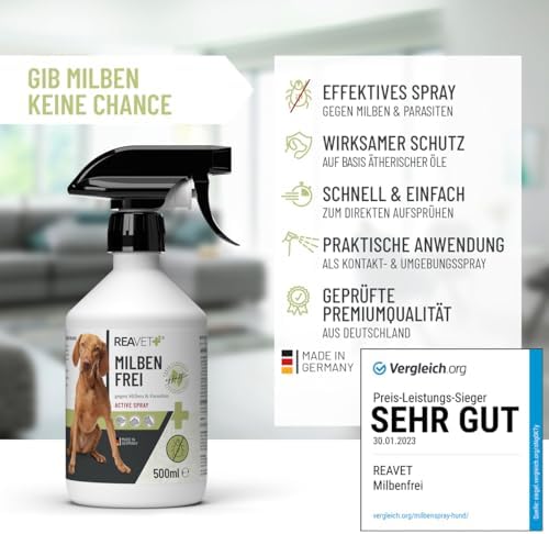 TESTURTEIL SEHR GUT ReaVET Anti Milben-Spray für Hunde, Katzen & Pferde - Sofortiges Juckreiz-Linderungs-Effekt-Milbensp