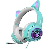 Cat Ear Gaming Headphones Wired AUX 3.5mm with LED Light, VIGROS Flashing Stereo Game Headphones Surround Sound Over-Ear Headsets with Microphone Fit Kids & Adult for PC, PS4, Switch, Mobile, Laptop