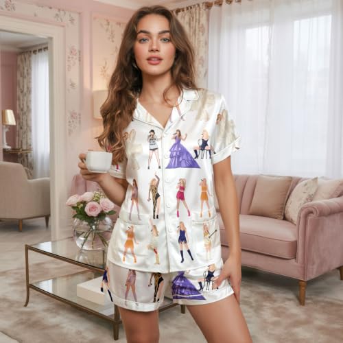 Image of Women's Silky Satin Pajama Set, Cute Lightweight Short Sleepwear for Ladies