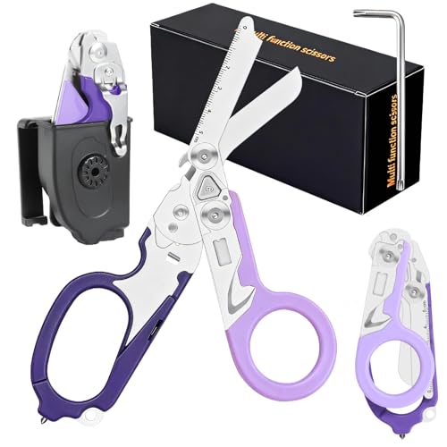 SUVIVISUN 6-in-1 Multi-Tool Trauma Shears Foldable Stainless Steel EMT Scissors with Holster for Emergency Outdoor & Camping Rescue (purple)