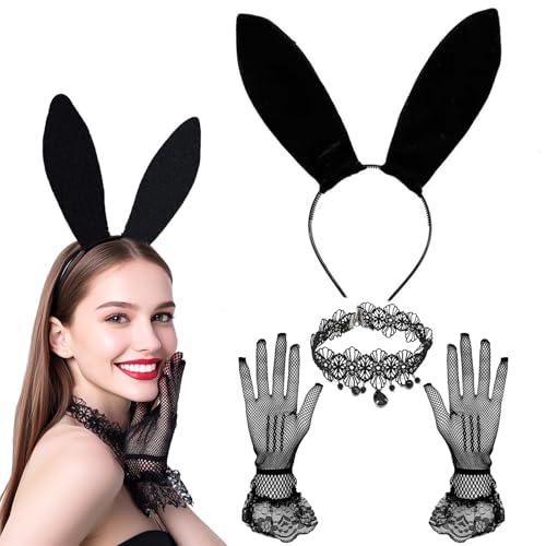 Bunny Kostüm Frauen, Sexy Bunny Girl Fancy Kostüm Schwarz Lange Hasenohr Peal Spitze Halskette und Mesh Handschuhe Kaninchen Cosplay Set für...