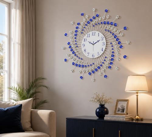 Image of CHRONIKLE Beautiful Crystal Analog Floral Design Round Diamond Studded Metal Wall Clock for Living Room Home Decor Office Gifts (Size: 60 x 5 x 60 CM | Color: Blue & White | Weight: 1460 Gram)