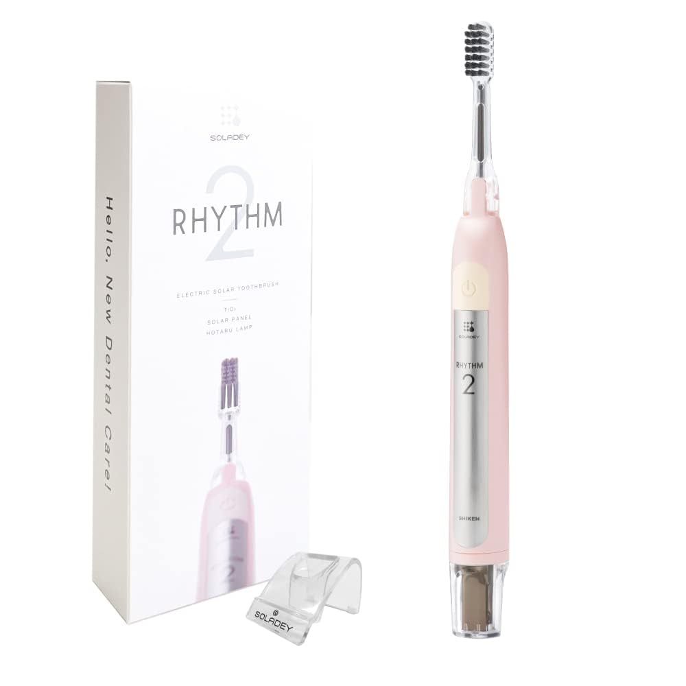 Soladey Rhythm 2, Brosse à dents électrique à énergie ionique, panneaux solaires et semi-conducteur TiO2 (rose layette), brosse à dents ionique prête à l'emploi