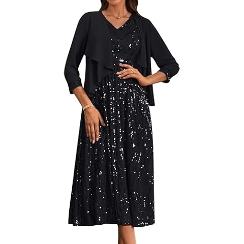 Womens 1950s Vintage Sequin Party Cocktail Dress Two-Piece Set Sleeveless V Neck Sparkle Sequined Chiffon Dress Party Wear Black Size 10 Cover