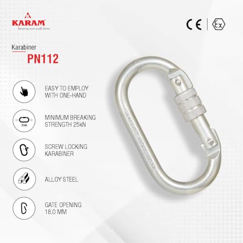 Image of Karam Steel Carabiner Hook PN-112 Gate Opening: 18 mm, Tensile Strength: 25 Kn - (PN 112)' (Alloy Steel, Steel Screw Locking Karabiner) | Pack of 2
