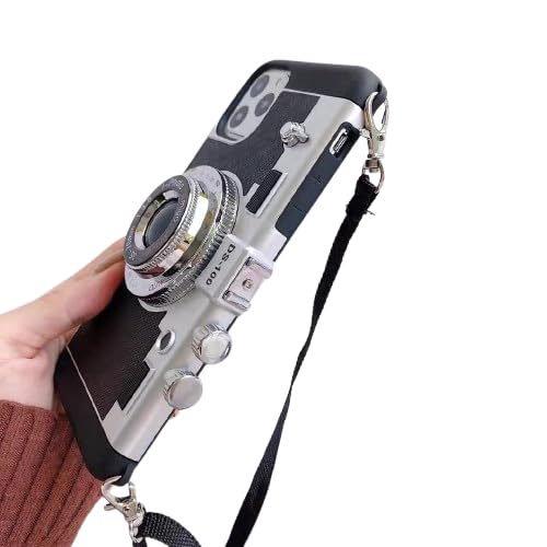 Image of Retro Camera Design Phone Case with Neck Strap for iPhone 13 Pro, Vintage Style Protective Cover, Grey (iPhone 16 pro)