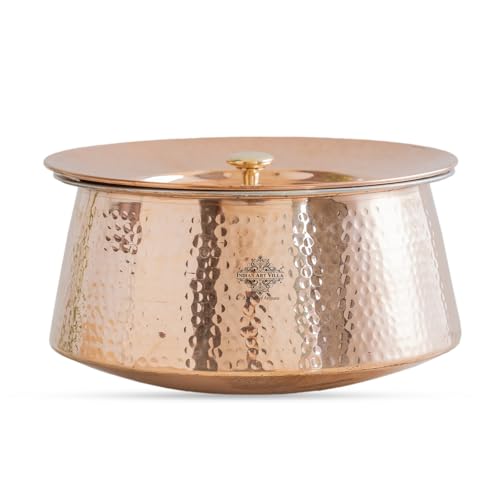 Image of Indian Art Villa Handcrafted Hammered Copper Serving Handi with Lid and Tin Lining - Traditional Indian Cookware Handi for Serving Rice, Curries, and Dishes - 2800 ML Capacity