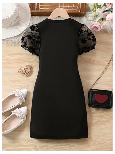 WDIRARA Girl's Floral Mesh Puff Short Sleeve Dress Crew Neck Bodycon Dress2