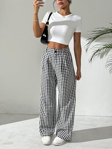 Women's Gingham Plaid Pants Summer High Waisted Wide Leg Pants Beach Casual Trouser2