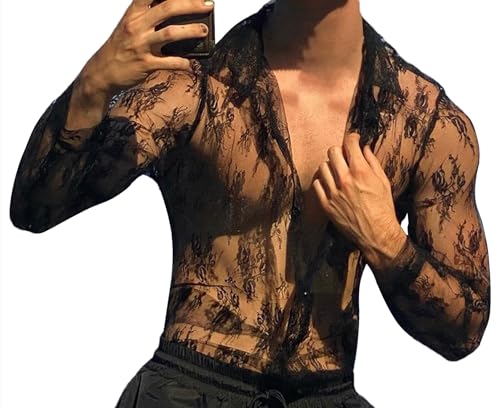 AIEOE Homme Hauts Transparents T-Shirt à Manches Longues en Maille Ajourée Chemise Sexy de Soirée Noir 03 Taille EU S/Taille Label M