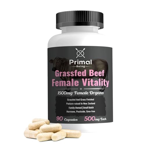 Primal Being Grassfed Beef Female Vitality Supplement- Supports Hormonal Health, Fertility, Inflammation, Energy - 90 Capsules, 1500mg per Serving