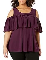 Star Vixen Women's Plus Size Cold Shoulder Dramatic Ruffle Peasant Top, Plum Solid, 1X