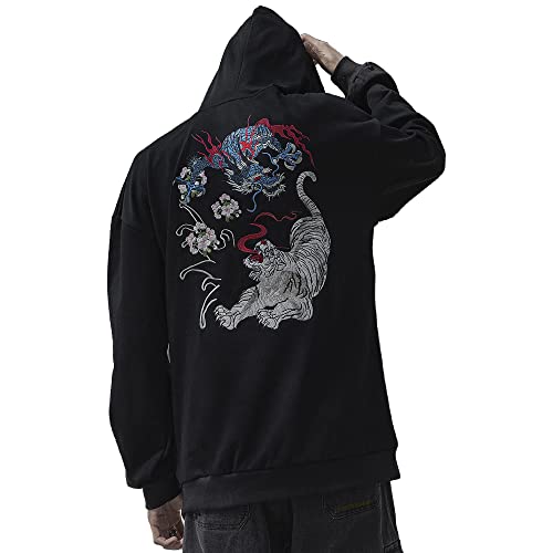 XYXIONGMAO Sweat à capuche brodé Streetwear Dragon Tiger Fight pour hommes japonais noir Hip Hop Graphic Hoodie Techwear, Black06, X-Large