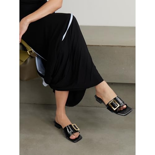 Image of Women's Slide Heeled Sandals Opened Square Toe Chunky Block Heel Slippers with Buckle Slip on Casual Comfortable Pumps