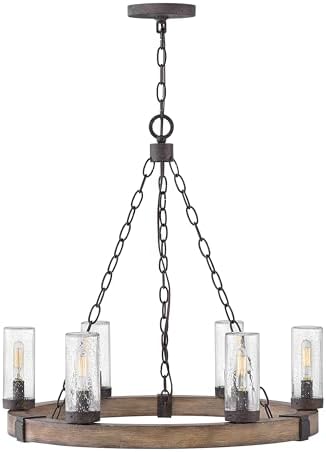 Hinkley Sawyer 24" Six Light 4W LED Medium Outdoor Chandelier, Sequoia/Iron Rust Finish with Clear Seedy Glass