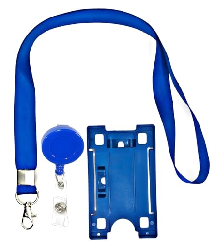 Image of ANG ID Card Holder Set - Includes Lanyard and Round Retractable Badge Reel (Blue, Pack of 1, 3-in-1 Combo)