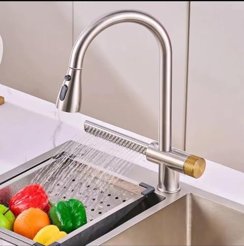 Image of Backline Brass Waterfall Kitchen Sink Hot & Cold Mixer Faucet 360 Rotatable Pull Out Kitchen Faucet Multi-Function Dual Spray Head Technology /Kitchen Sink Tap (Brushed Nickel)