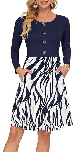 AUSELILY Women's Long Sleeve Dress Button Front Winter Pleated Solid Color Ruffle A Line Knee Length Dresses 2025 New Navy Leaves/Navy M