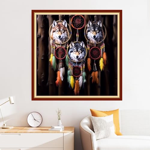 Image of Disxvivy Cross Stitch Stamped Full Embroidery Kits DIY 11CT Cotton Thread Printed DIY Needlepoint Kits Craft Needlework Set Cross-Stitch Stamped Sets-Wolf Wind Chime 18x18 inch