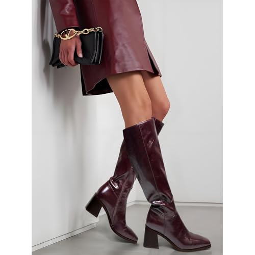 Women's Knee High Boots Chunky Heel Square Toe Tall Boots High Block Heel Side Zipper Fashion Long Boots2