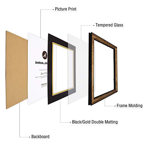 Golden State Art, 11X14 Vintage Antique Style Gold Document Frame For 8.5X11 Diploma/Certificate, Sawtooth Hangers For Wall Mounting With Real Glass, Black Trim (Black/Gold Double Mat) #TOP5