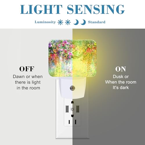Image of Abstract Watercolor Flowers Night Light Flowers Oli Painting Nightlight Plug into Wall with Dusk to Dawn Sensor for Kid Girls Boys Women Men Room, Hallway, Kitchen, Bathroom, Stairs Decor