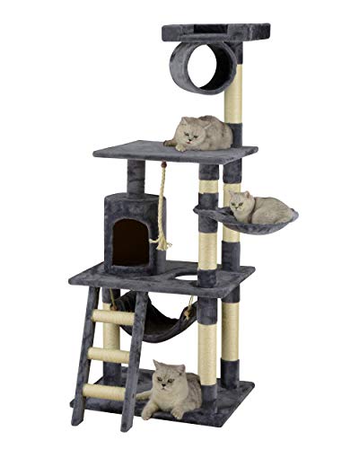 Go Pet Club 62" Classic Cat Tree Kitty Tower Kitten Condo Scratcher for Indoor Cats with Sisal Posts, Condo, Ladder, Soft Perch, Hammock, Basket Bed, and Tunnel Cat Activity Center Furniture, Gray - Image 4