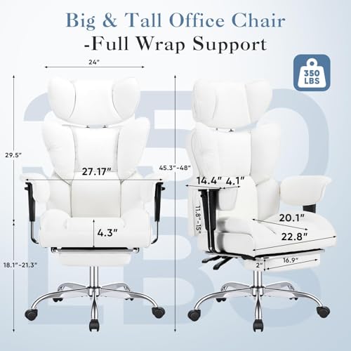 Image of Big and Tall Office Chair 350 LBS, Scratch-Resistant PU Leather Executive Office Desk Chair with Footrest, Ergonomic Reclining Computer Chair with Pocket Spring Support for Home Office, Beige