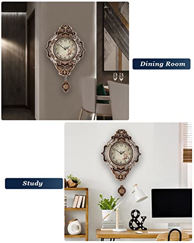 Poserion Antique Art Wall Clock Brown Silent Non Ticking Quartz Alloy Art Craftsmanship With Swing Pendulum #TOP2