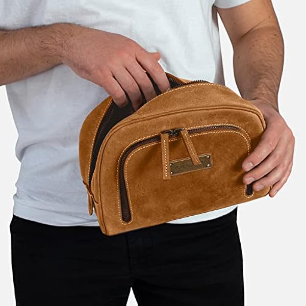 DRAKENSBERG Beauty case 'Ben' - Classica borsa da viaggio Necessaire, borsa per cosmetici, da uomo, fatto a mano, stile retrò, vintage, 5 l, morbida pelle di bufalo, Cognac-marrone, Beauty case