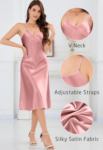 Image of ALCEA ROSEA Women's Midi Satin Slip Dress Adjustable Spaghetti Strap Nightgown Silky Under Dresses