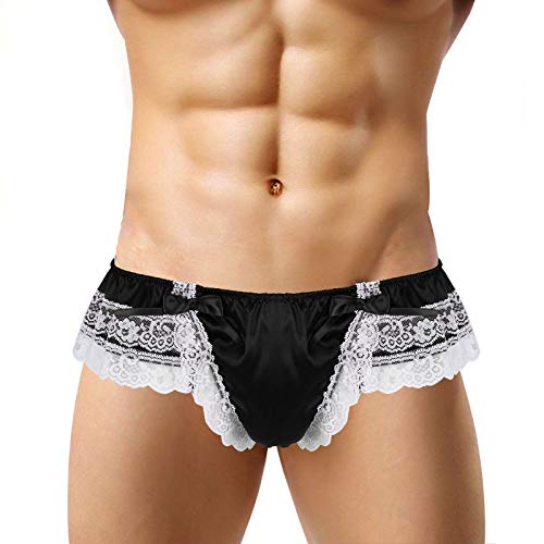 Mens Sexy Lace Boxer Briefs Sexy Pouch Underwear Elephant Nose Lingerie for Men Sexy Breathable Underwear Lace Pouch Panties Men's Lingerie Panties Lace Bulge Pouch G-String Thongs (Black B,XL)