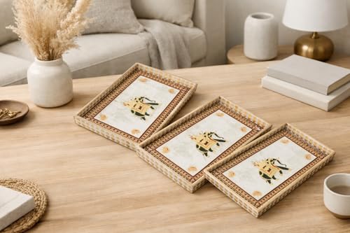 Image of Wooden Enamel Coated Serving Tray Set of 3 for Home Decor Multipurpose Rectangular Trays for Kitchen Living Room and Coffee Table with Printed Design (C-3)