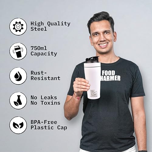 Image of ONLY WHAT'S NEEDED Metal Shaker, 750ml, Stainless Steel, BPA-Free Cap, Rust-Resistant, Leak-Proof, for Mixing Supplements