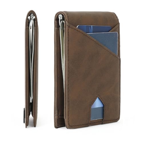 SENDEFN Slim Wallet for Men with Money Clip RFID Blocking Bifold Genuine Leather Minimalist Card Holder with ID Window （coffee）