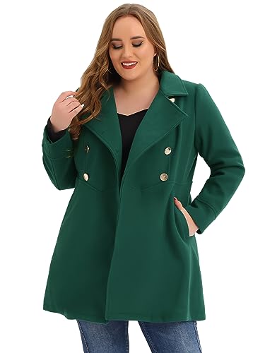 Agnes Orinda Womens Plus Size A Line Turn Down Collar Double Breasted Coat 3X Green