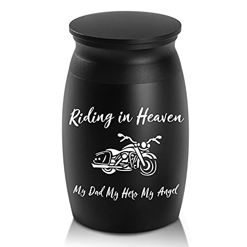 Urns for Dad Ashes, 2.8“ High Small Personal Funeral Cremation Urns, Beautiful Peaceful Handcrafted Memorial Keepsake Urn, Engraved Riding in Heaven & Motorcycle Decorative Urns for Sharing